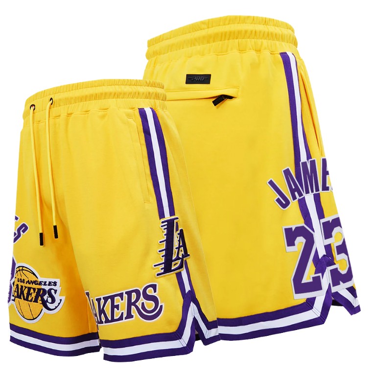 Men's Los Angeles Lakers LeBron James #23 NBA Pro Standard Chenille Icon Edition Gold Basketball Shorts QVQ3083UE
